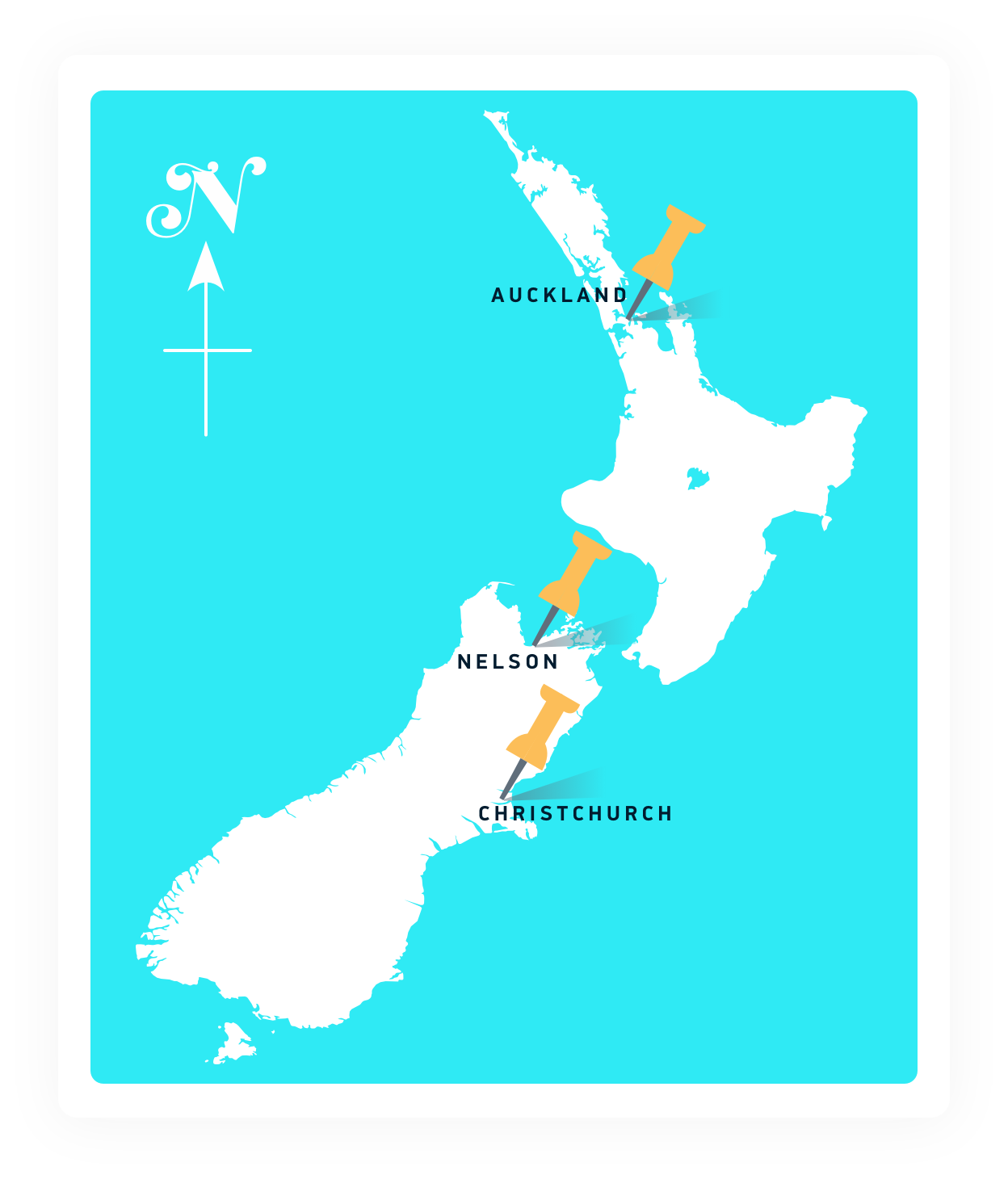 New Zealand map showing Auckland, Nelson and Christchurch offices