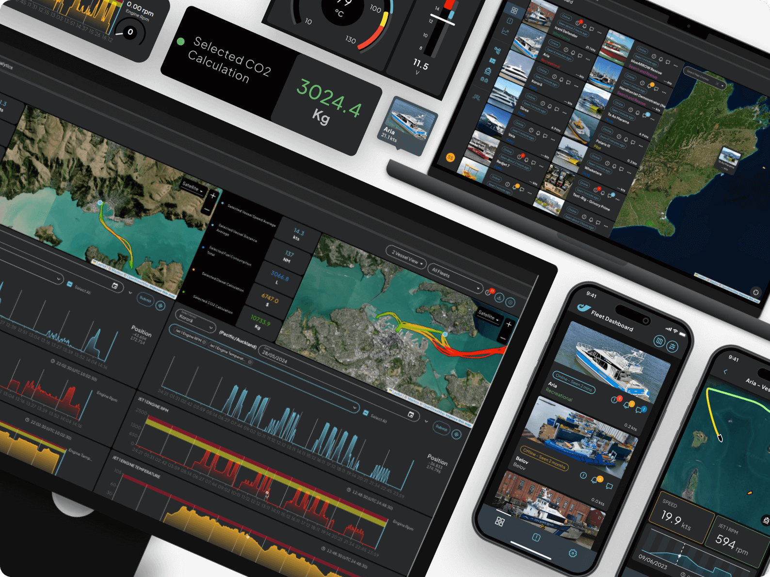 Overwatch desktop dashboard — fleet overview with world map and vessel grid views