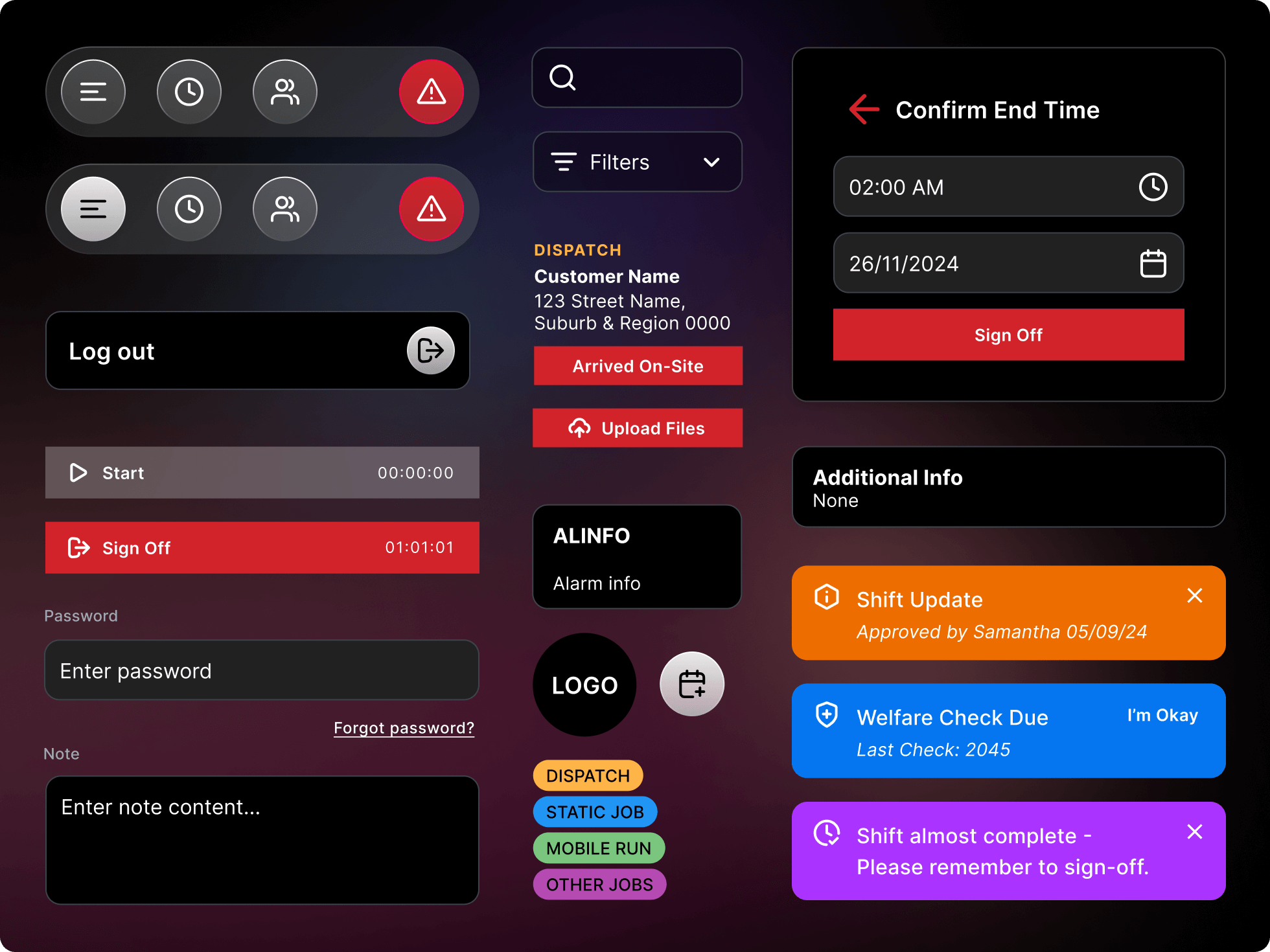 iLink app interface — dispatch, sign off, shift updates, welfare checks, and notifications
