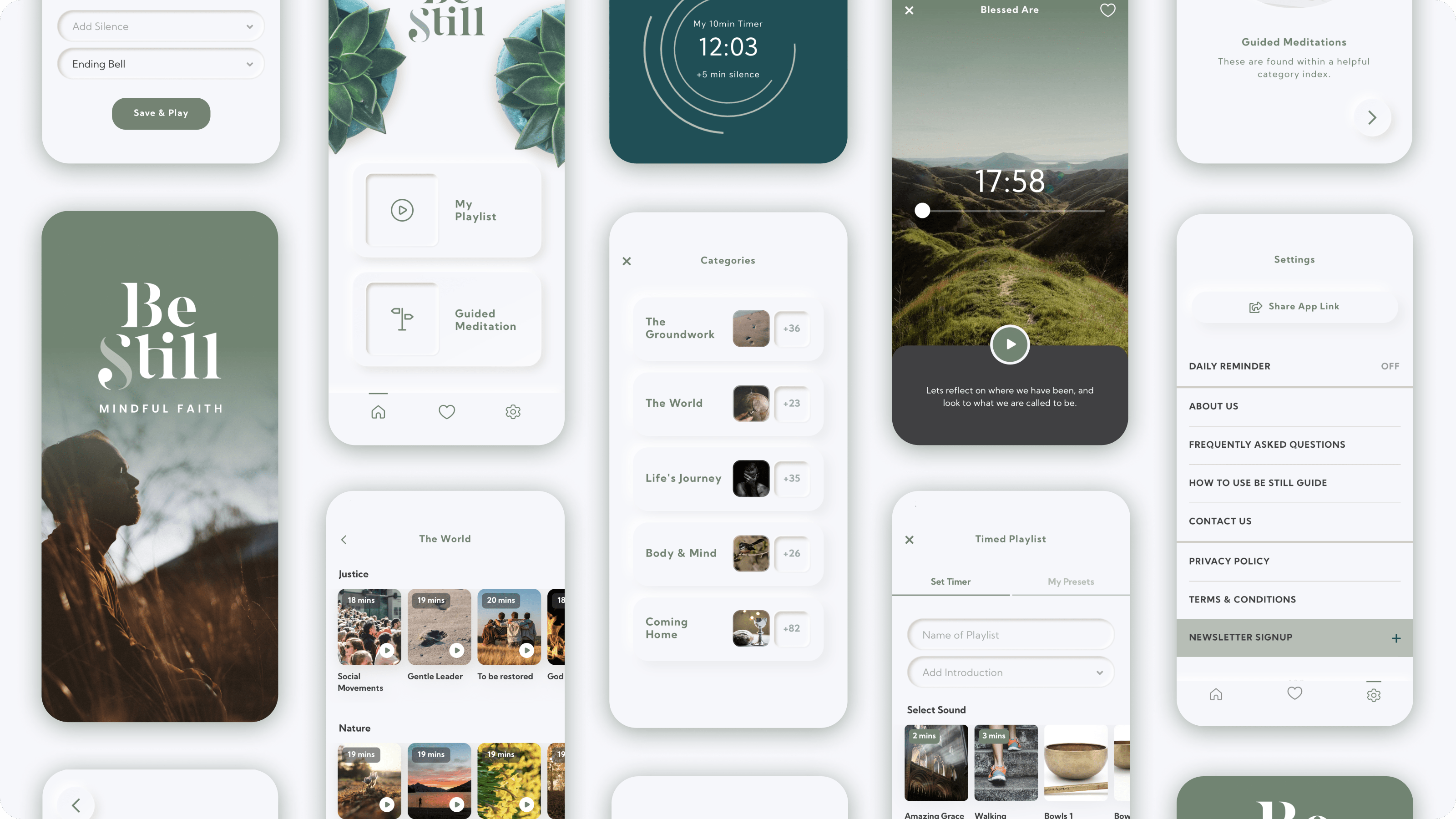 Be Still feature overview — meditation categories and customization options