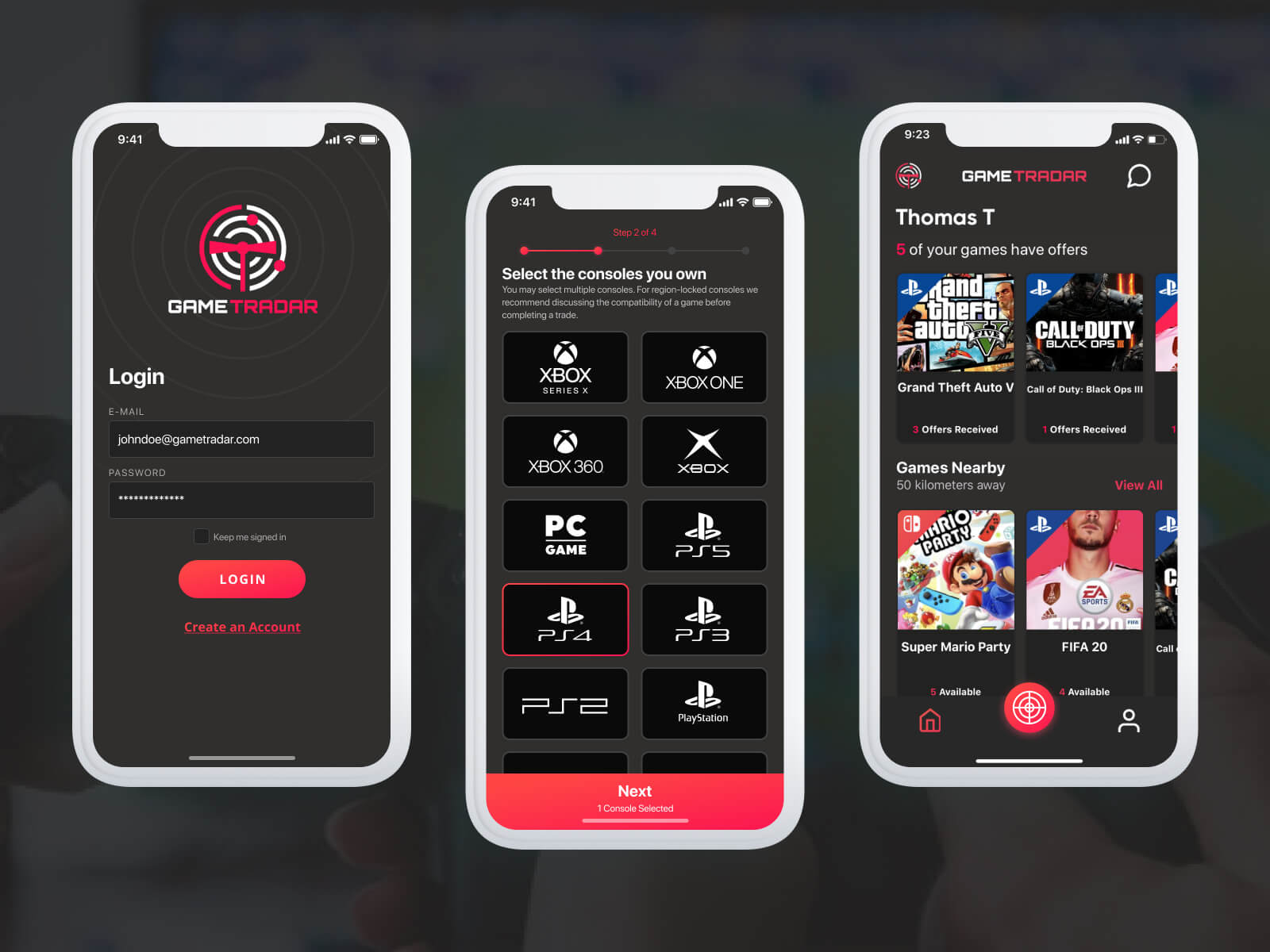 Game Tradar — game listing and offer screens