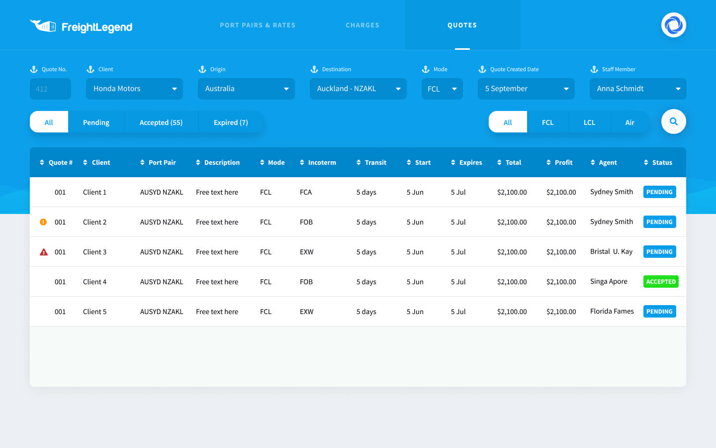 Freight Legend — rate sheet and quoting interface