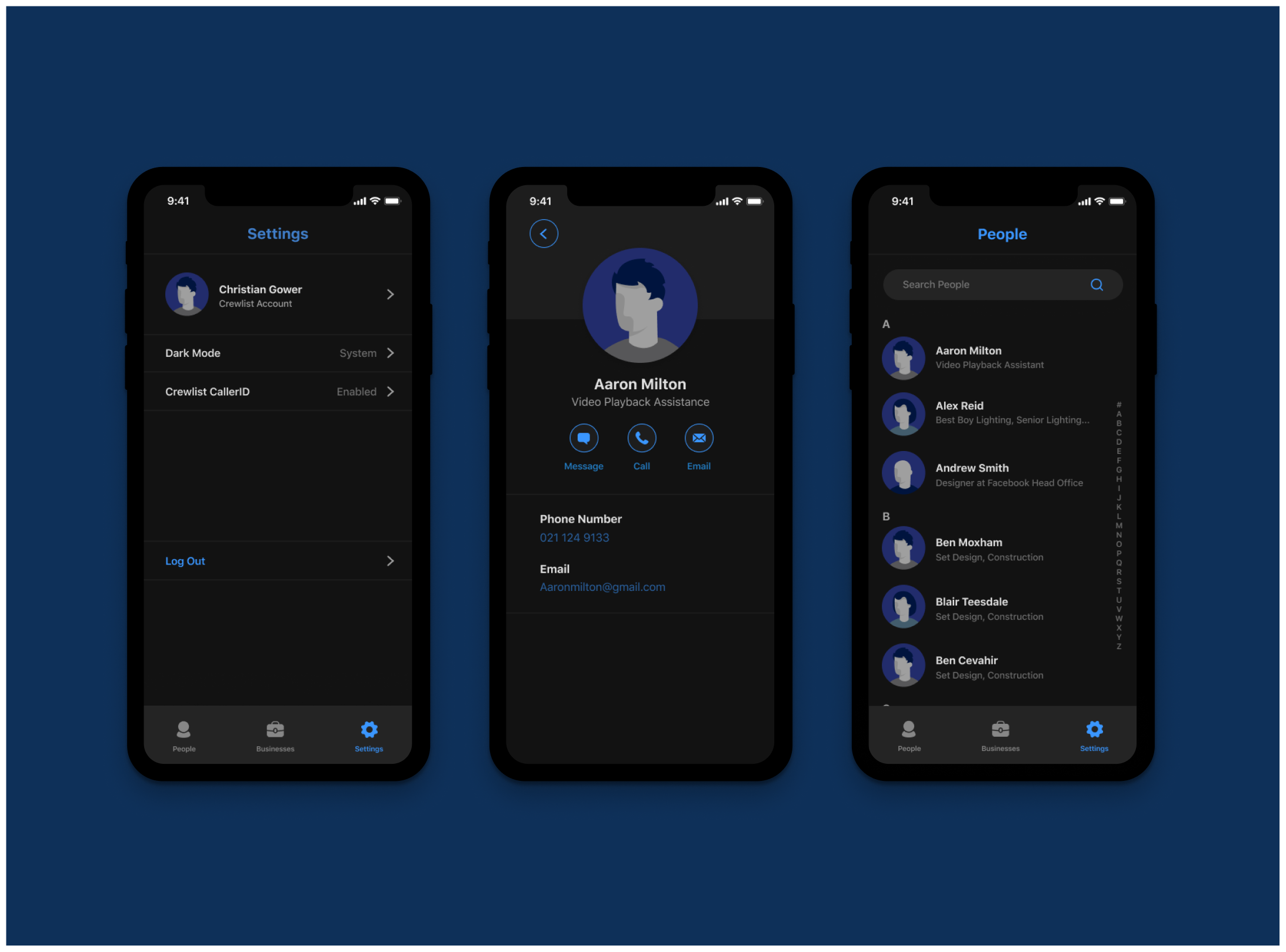 Crewlist app screens — production details